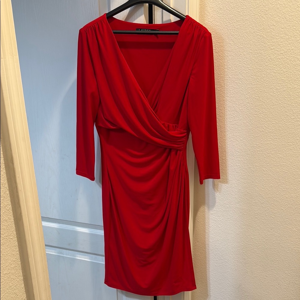 Ralph Lauren Red Asymmetrical Ruched Sheath Dress